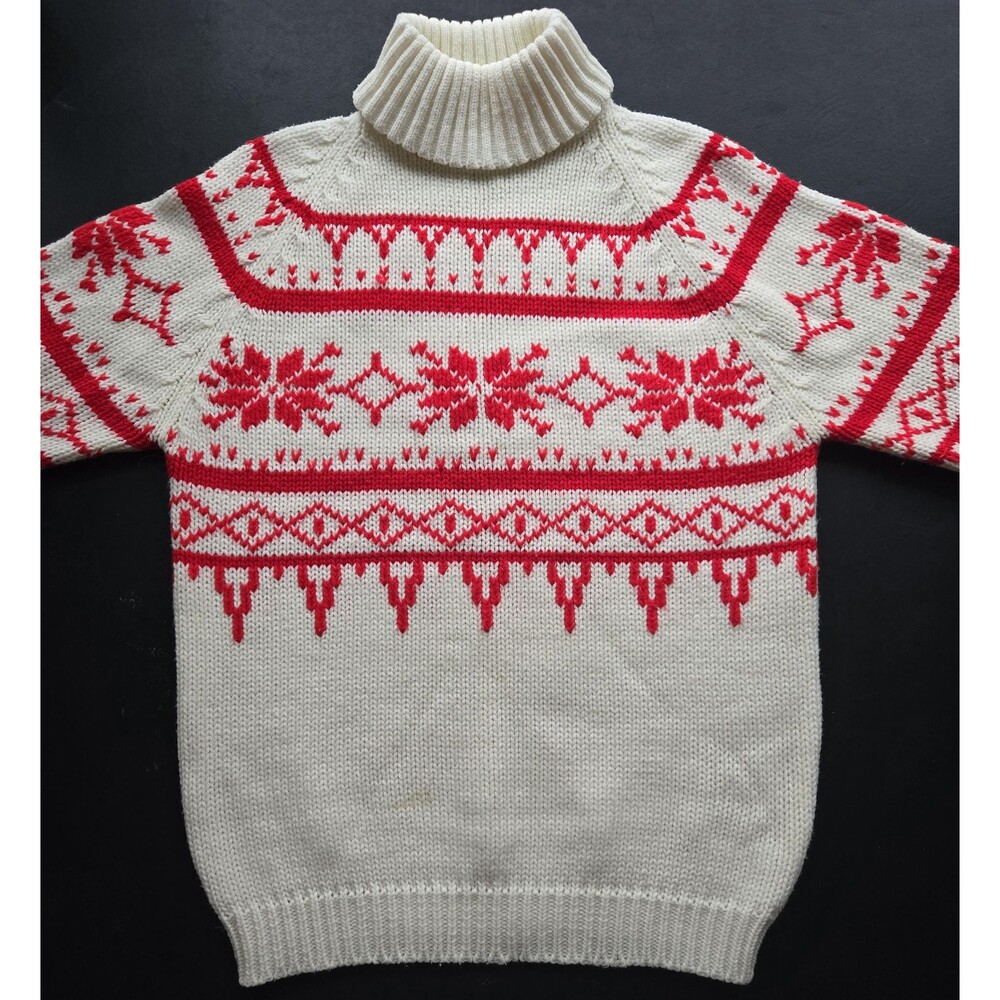 Vintage 70s/80s Kimlon red and whitefair‎ isle turtleneck sweater - 40" waist